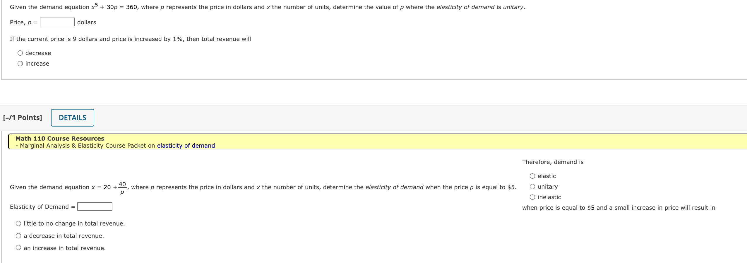 Given the demand equation x5 + 30p = 360, where p