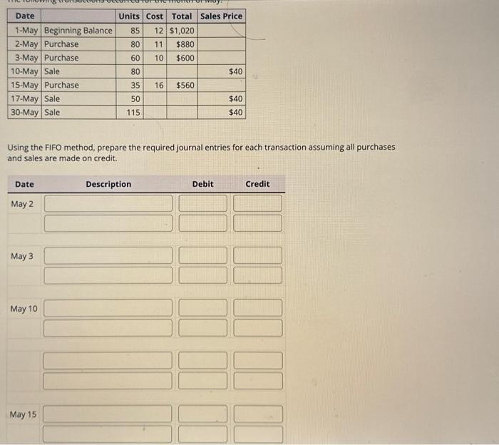  Using the FIFO method, prepare the required journal entries for each