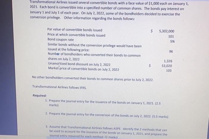  Transformational Airlines issued several convertible bonds with a face value of