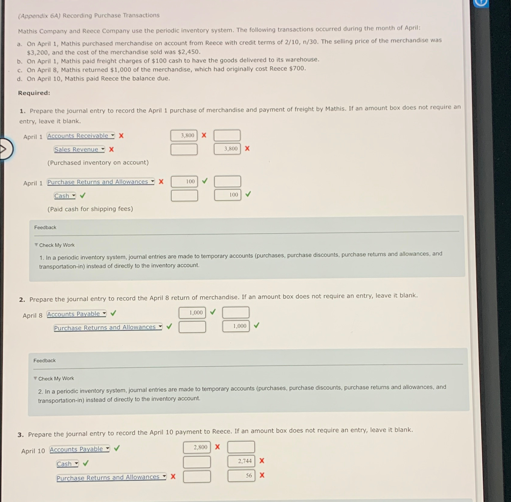  (Appendix 6A) Recording Purchase Transactions Mathis Company and Reece Company use