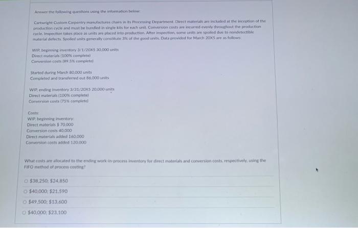  Answer the following questions using the information below Cartwright Custom Carpentry