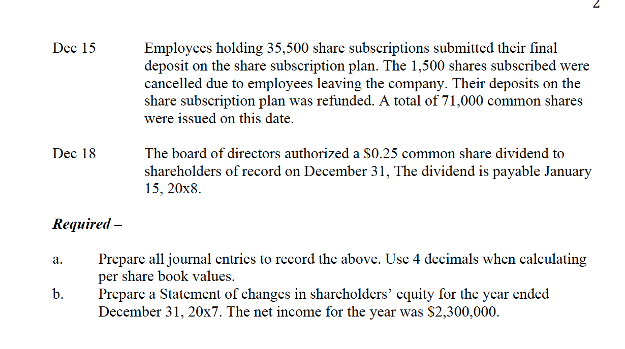 December 31, 20x6 is as follows: Common shares, 3,500,000 shares outstanding Contributed