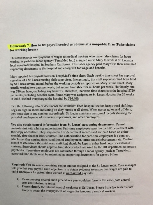  Homework 7. How to fix payroll control problems at a nonpublic