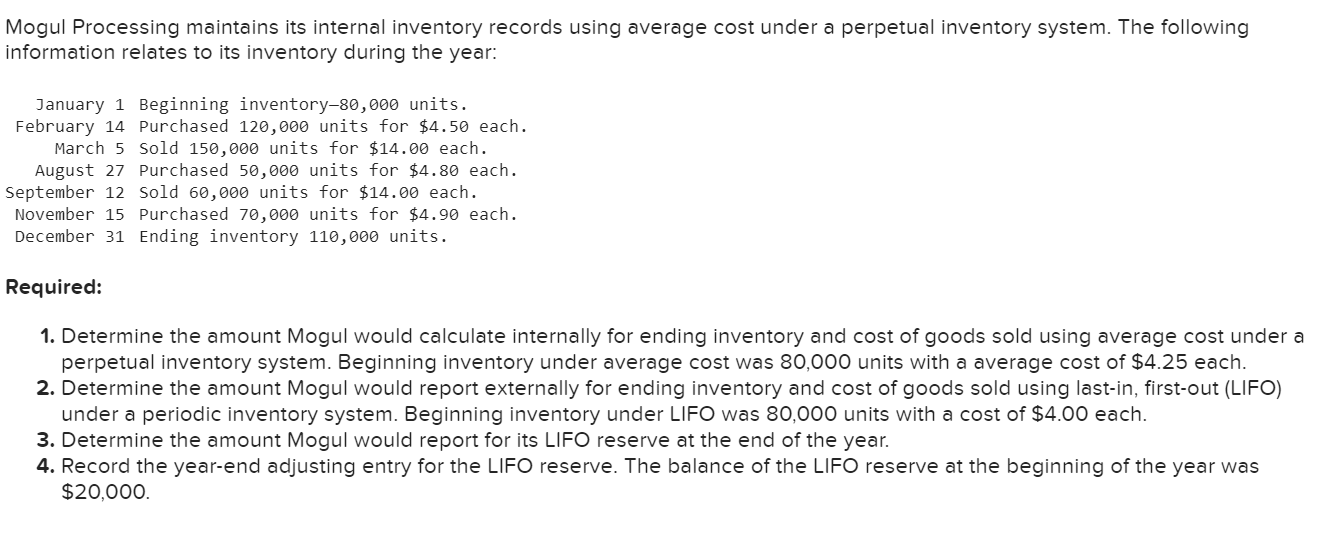  Mogul Processing maintains its internal inventory records using average cost under