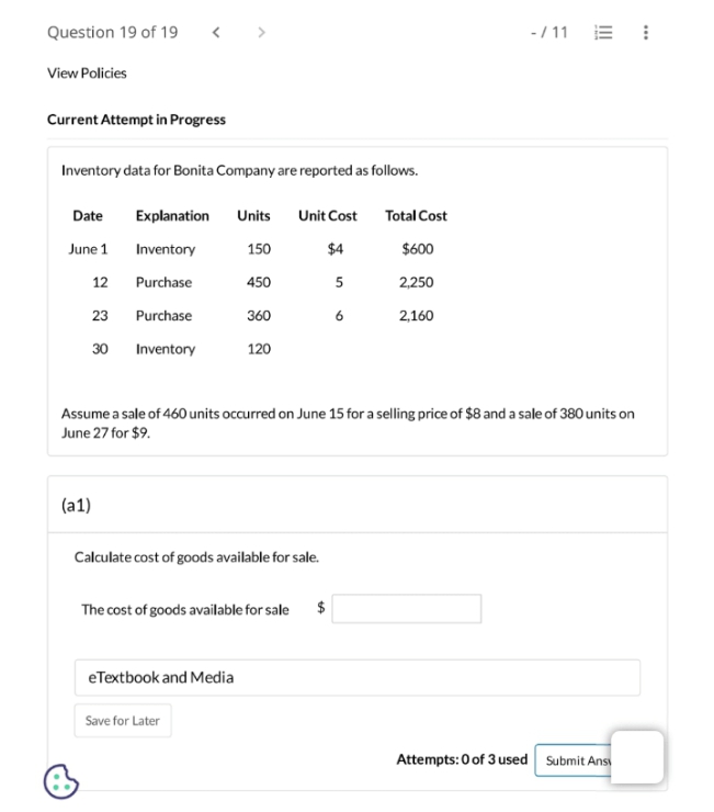  Current Attempt in Progress Inventory data for Bonita Company are reported