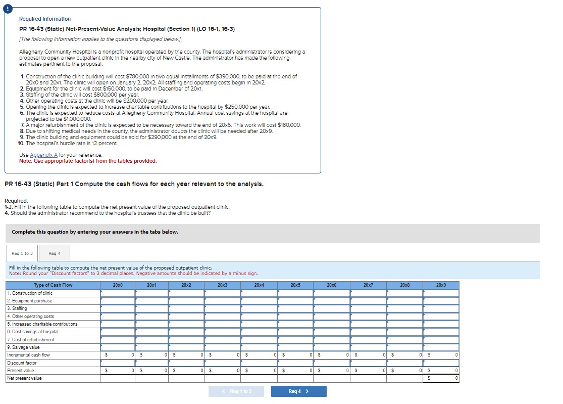  Required information PR 16-43(Statlc) Net-Present-Value Anolysls; Hospltal (Section 1)(LO 16-1,16-3) [The