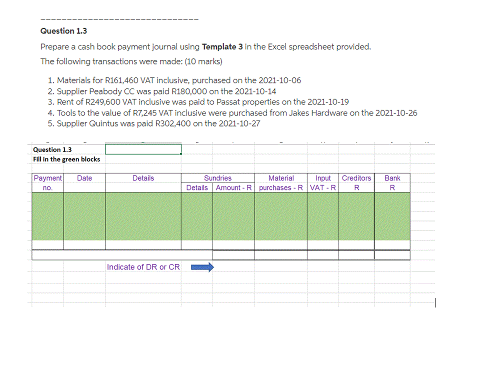  Question 1.3 Prepare a cash book payment journal using Template 3