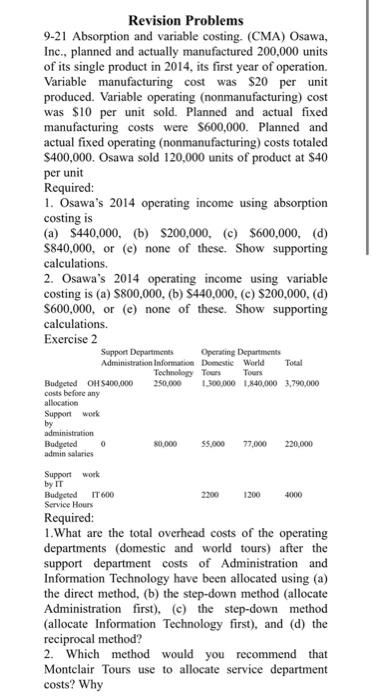  Revision Problems 9-21 Absorption and variable costing. (CMA) Osawa, Inc., planned