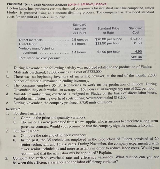  PROBLEM 10-14 Basic Variance Analysis LO 10-1, L010-2, LO10-3 Becton Labs,