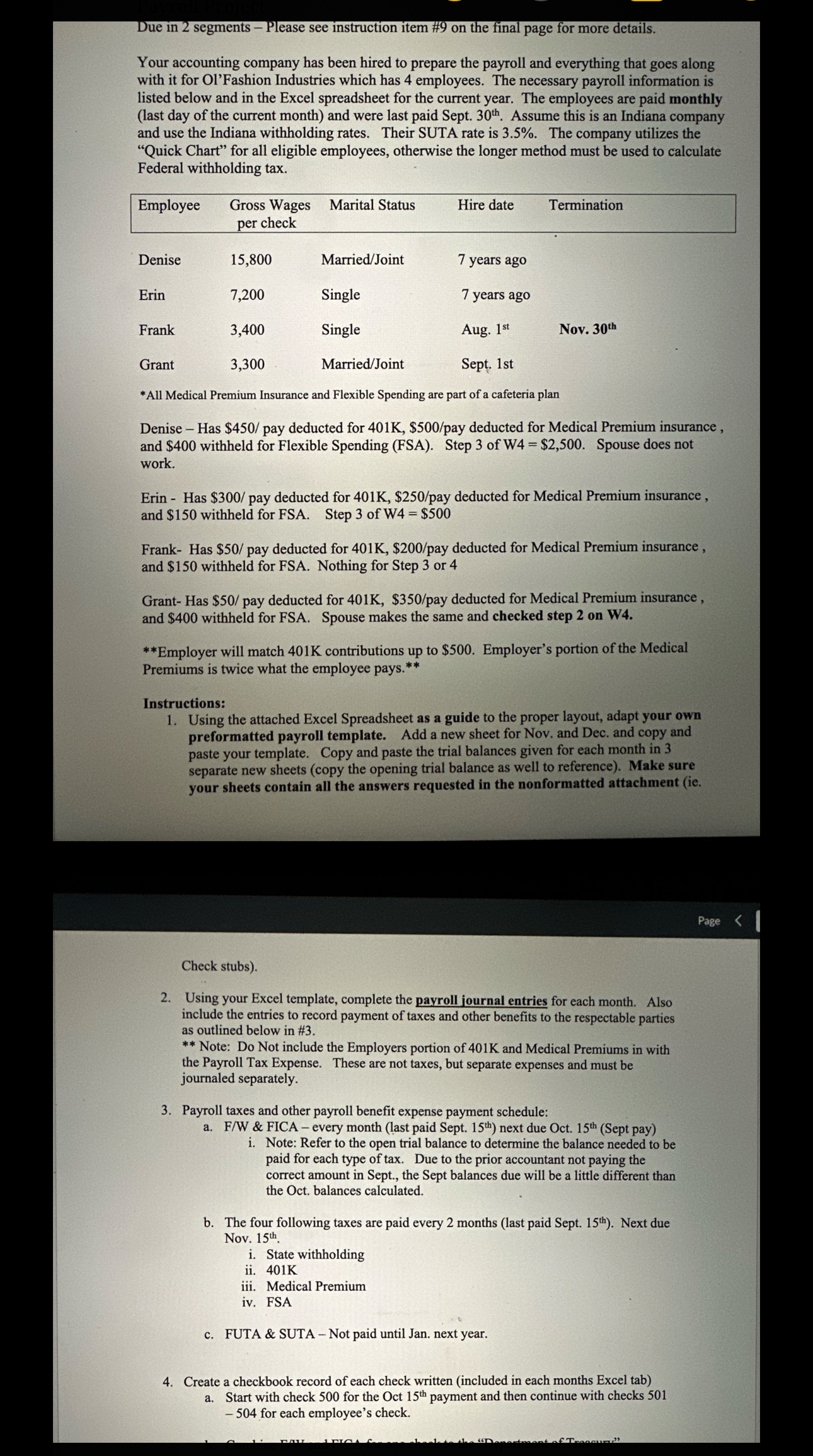  Payroll Project Due in 2 segments - Please see instruction item