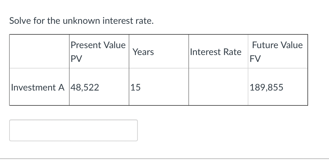 Solve for the unknown interest rate. Present Value Investment A 48,522 Years