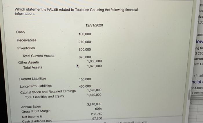  Which statement is FALSE related to Toulouse Co using the following