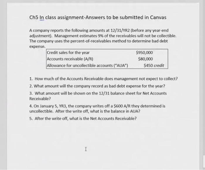  Ch5 In class assignment-Answers to be submitted in Canvas A company