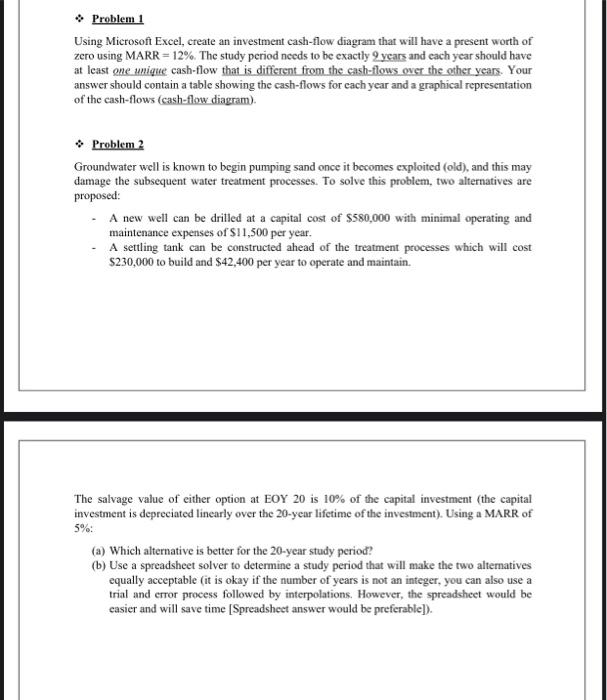 Problem 1 Using Microsoft Excel, create an investment cash-flow diagram that