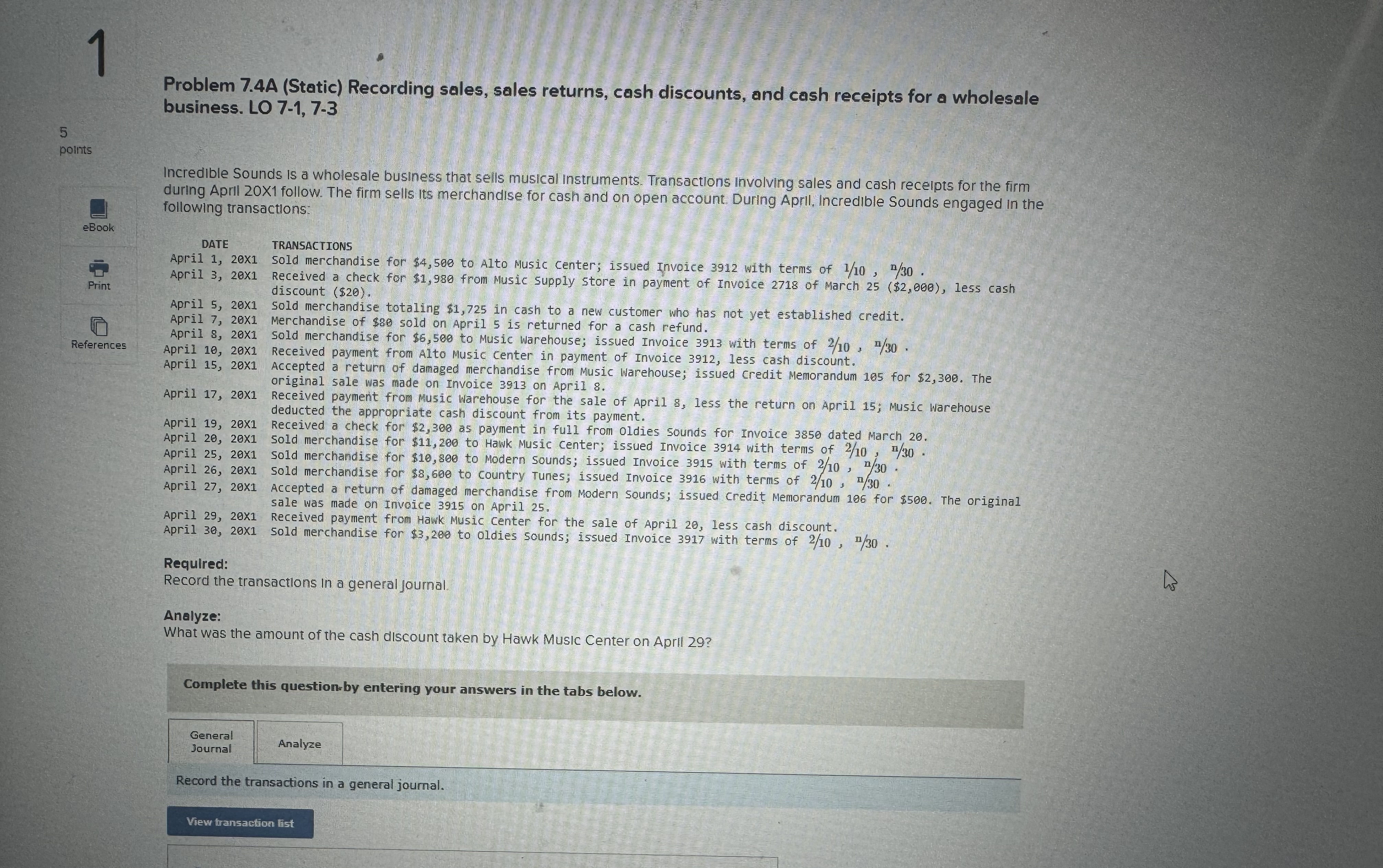  Problem 7.4A (Static) Recording sales, sales returns, cash discounts, and cash