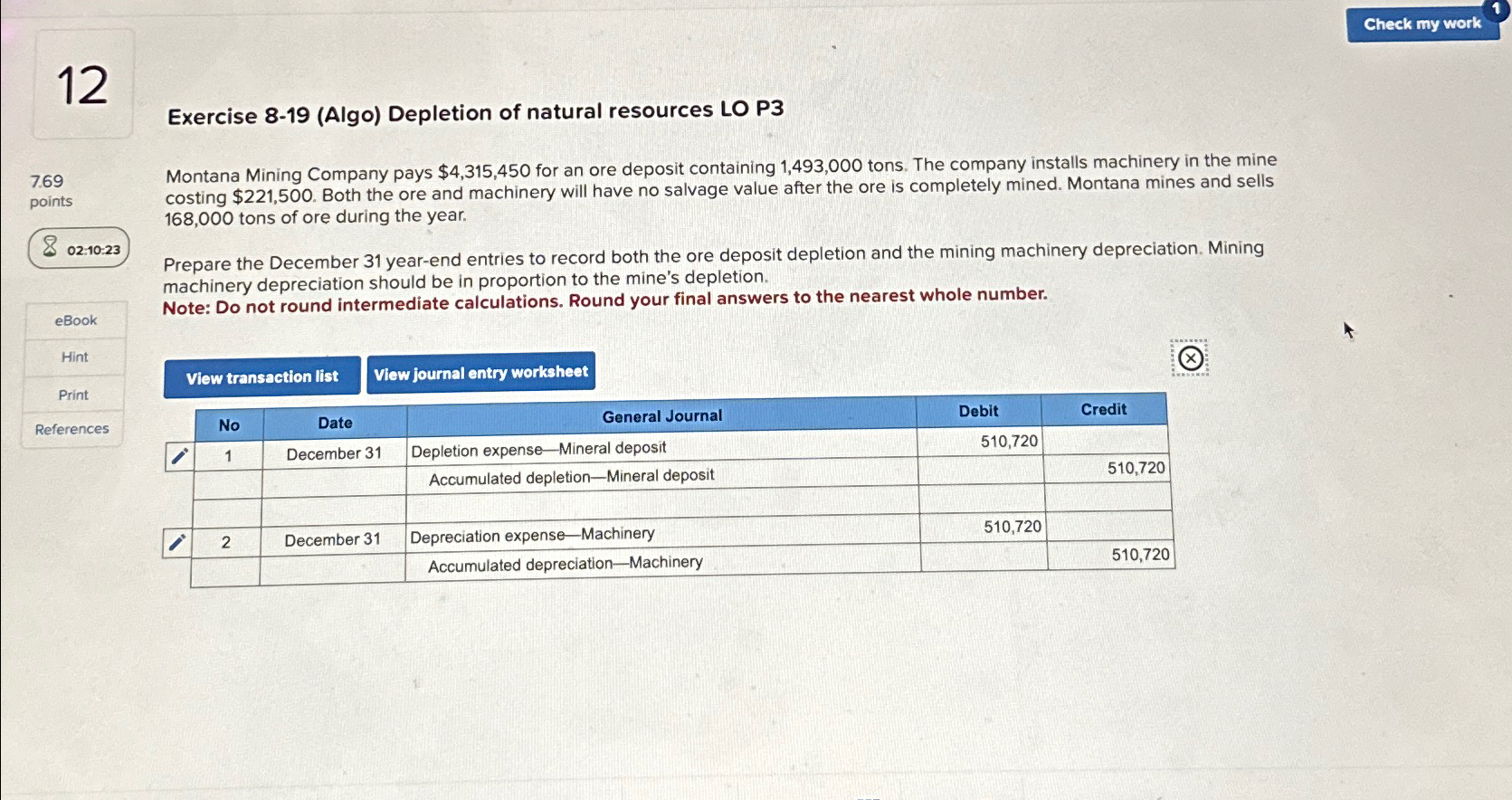  12 Exercise 8-19(Algo) Depletion of natural resources LO P3 7.69 points