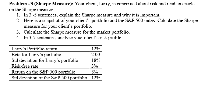 Problem #3 (Sharpe Measure): Your client, Larry, is concerned about risk