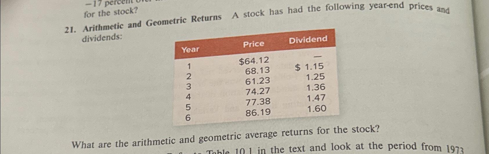  21. Arithmetic and Geometric Returns A stock has had the following