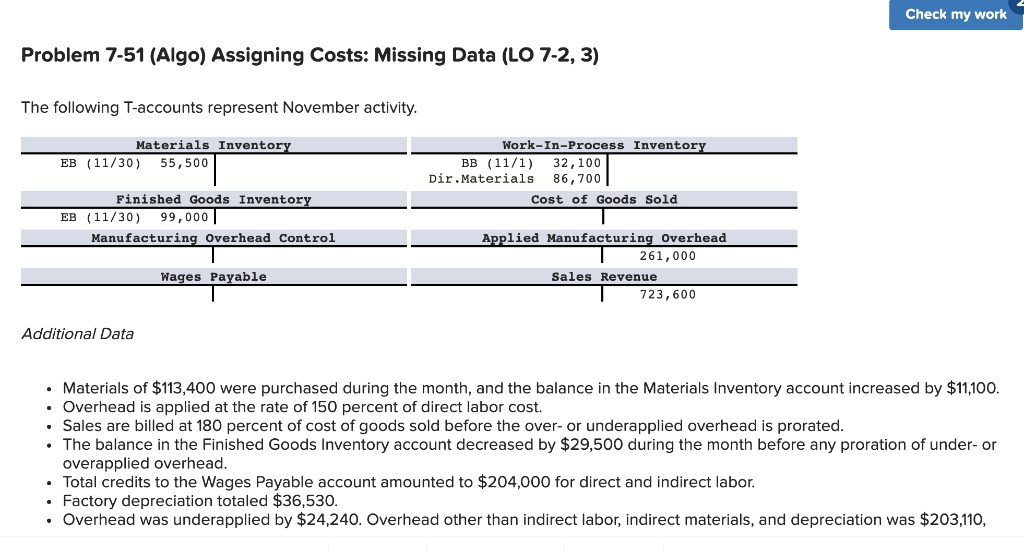  Check my work Problem 7-51 (Algo) Assigning Costs: Missing Data (LO