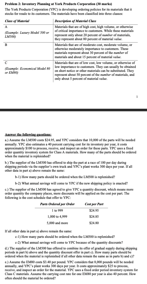  Problem 2: Inventory Planning Problem 2: Inventory Planning at York Products