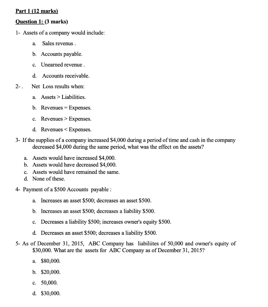  Part 1 (12 marks) Question 1: (3 marks) 1- Assets of