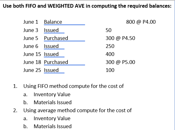  Use both FIFO and WEIGHTED AVE in computing the required balances: