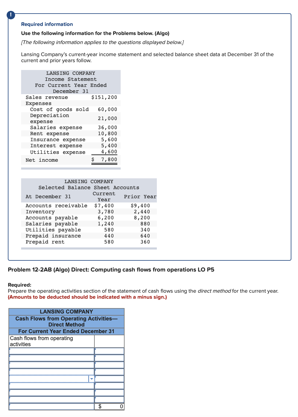  Required information Use the following information for the Problems below. (Algo)