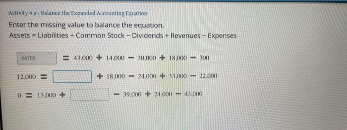  Activity - Balance the Expanded Accounting Equation Enter the missing value