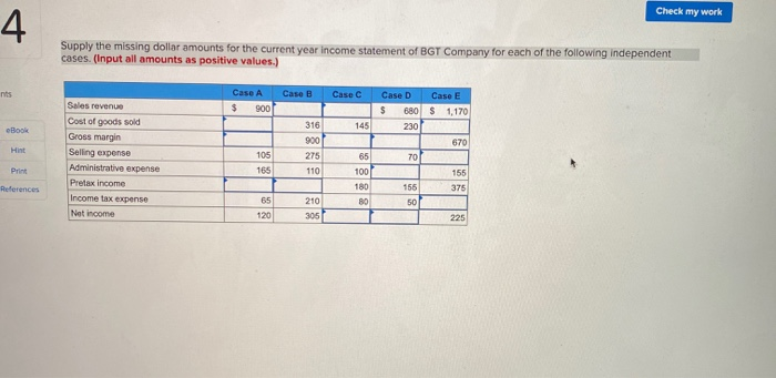  Check my work Supply the missing dollar amounts for the current