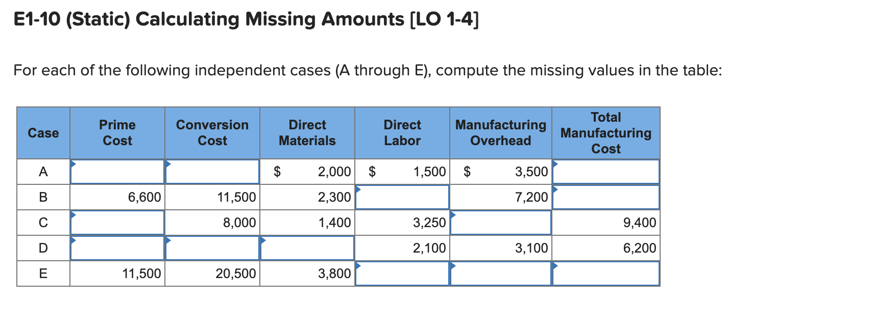  E1-10 (Static) Calculating Missing Amounts [LO 1-4] For each of the