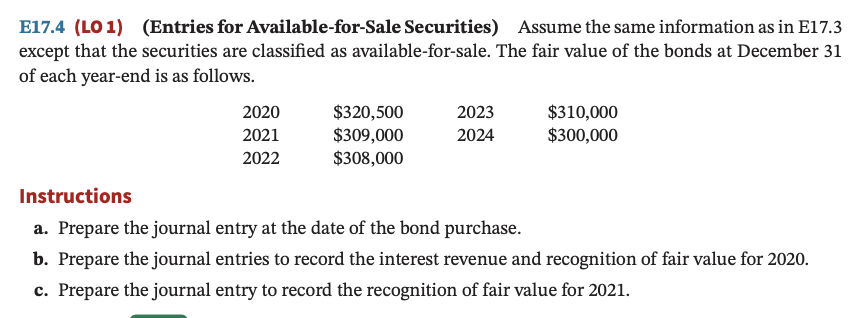  E17.4(L01)(Entries for Available-for-Sale Securities) Assume the same information as in E17.3