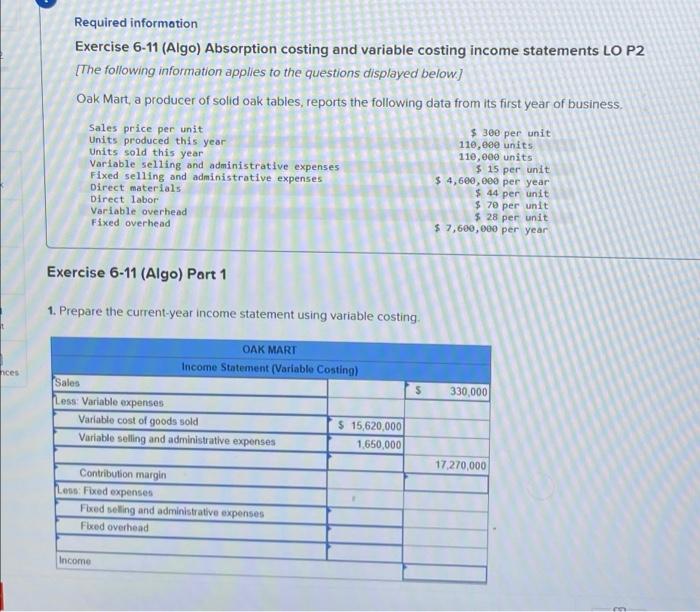  Required information Exercise 6-11 (Algo) Absorption costing and variable costing income