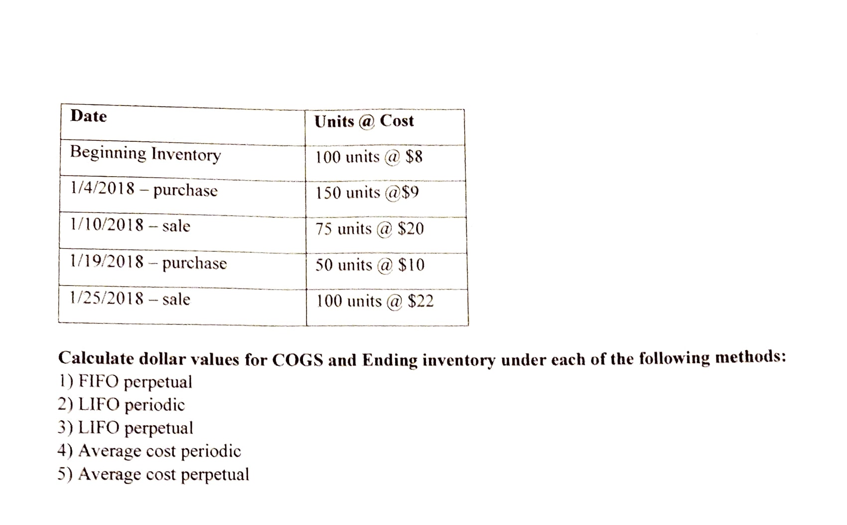  Calculate dollar values for COGS and Ending inventory under each of