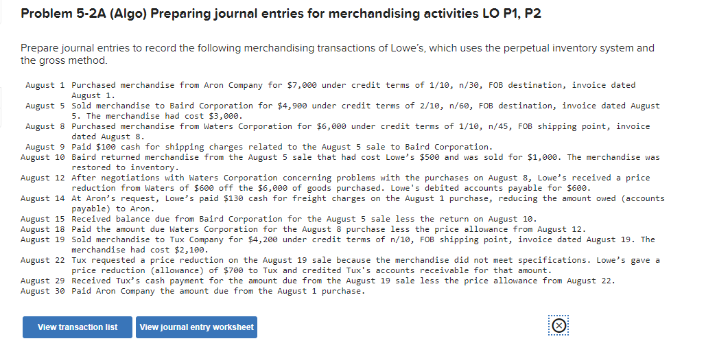 Need help with this problem. Problem 5-2A (Algo) Preparing journal entries for