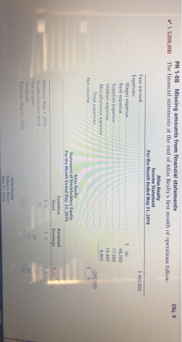  Obj. 5 I. $208,000 PR 1-6B Missing amounts from financial statements