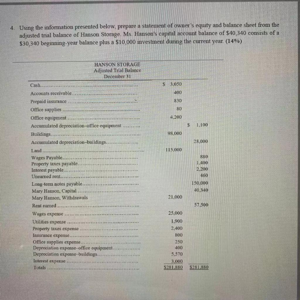 4. Using the information presented below, prepare a statement of owner's