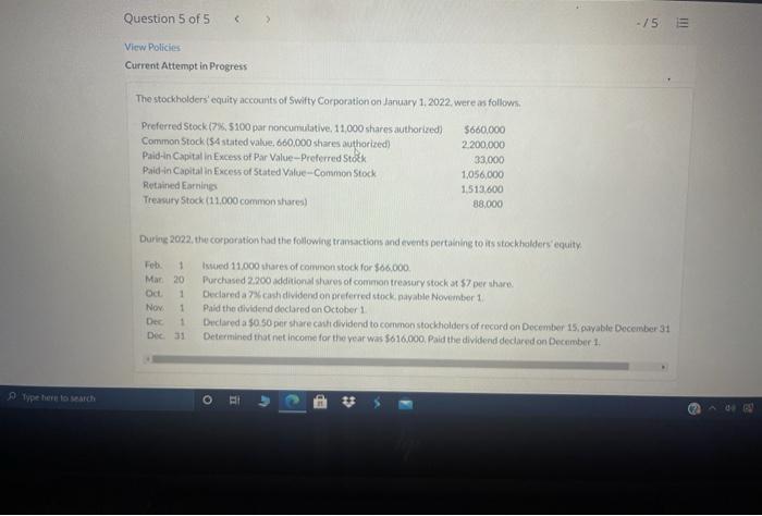  Question 5 of 5 -/5 E View Policies Current Attempt in