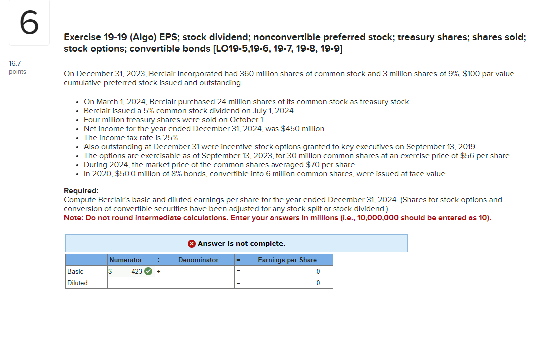  Exercise 19-19(Algo) EPS; stock dividend; nonconvertible preferred stock; treasury shares; shares
