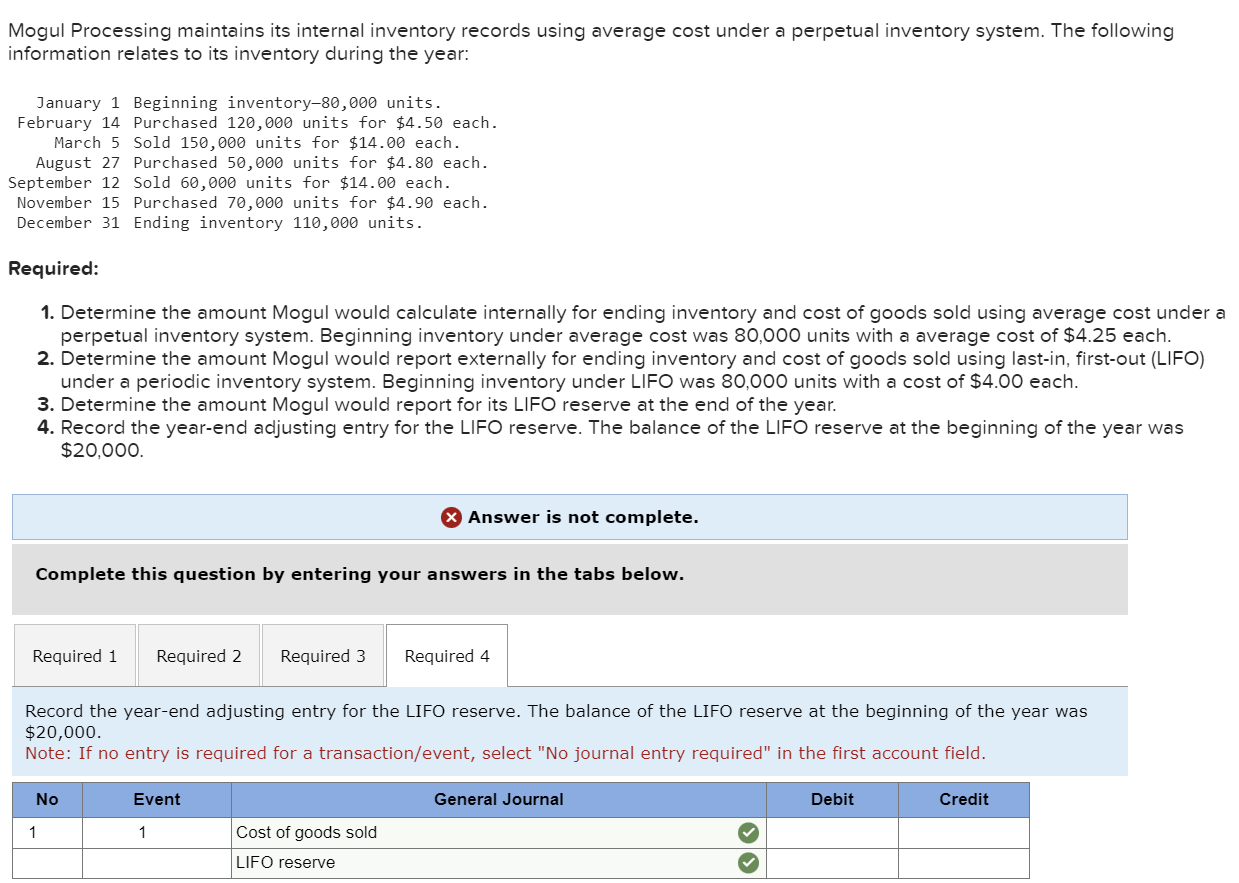  Mogul Processing maintains its internal inventory records using average cost under