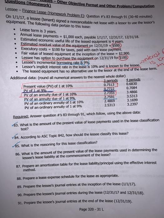  Other Objective Format and Other Problem/Computation Questions (Homework) Lessee - Finance