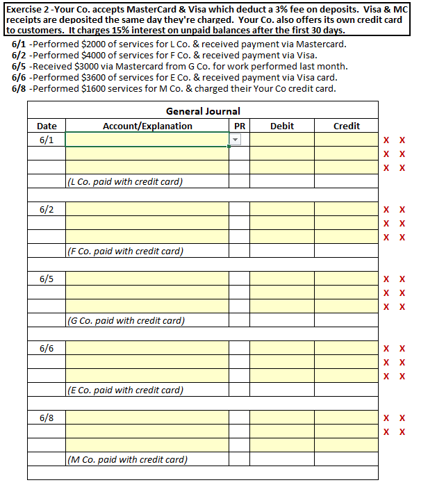  Exercise 2 -Your Co. accepts MasterCard \& Visa which deduct a