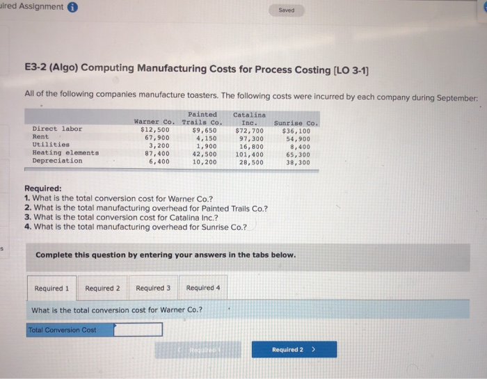  wired Assignment Saved E3-2 (Algo) Computing Manufacturing Costs for Process Costing