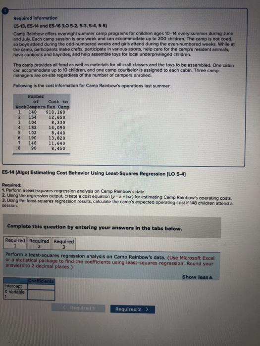 Required information ES-13, E5-14 and E5-16 [LO 5-2,5-3,5-4,5-5) Camp Rainbow offers