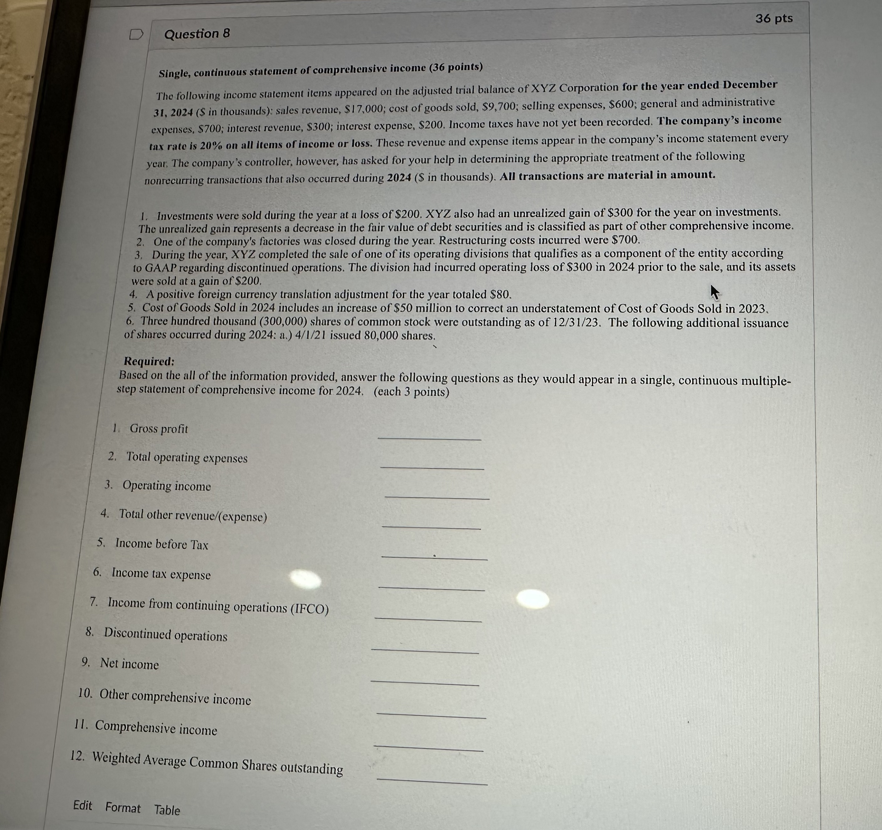  Question 8 36 pts Single, continuous statement of comprehensive income (36