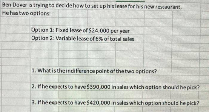  Ben Dover is trying to decide how to set up his