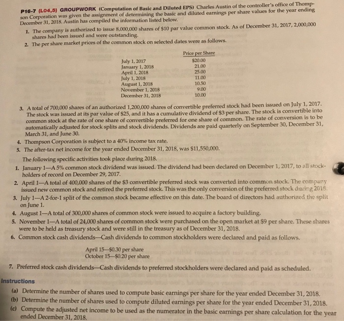  P16-7 (L04,5) GROUPWORK (Computation of Basic and Diluted EPS) Charles Austin