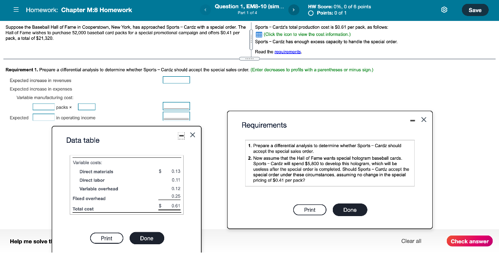  = Homework: Chapter M:8 Homework Question 1, EM8-10 (sim. Part 1