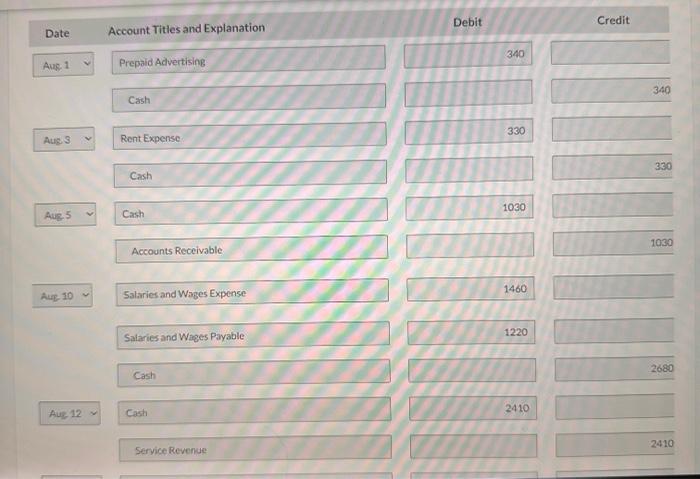 Receivable 8/1 Bal. 3400 Supplies 8/1 Bal. 890 Equipment 8/1 Bal. 8600