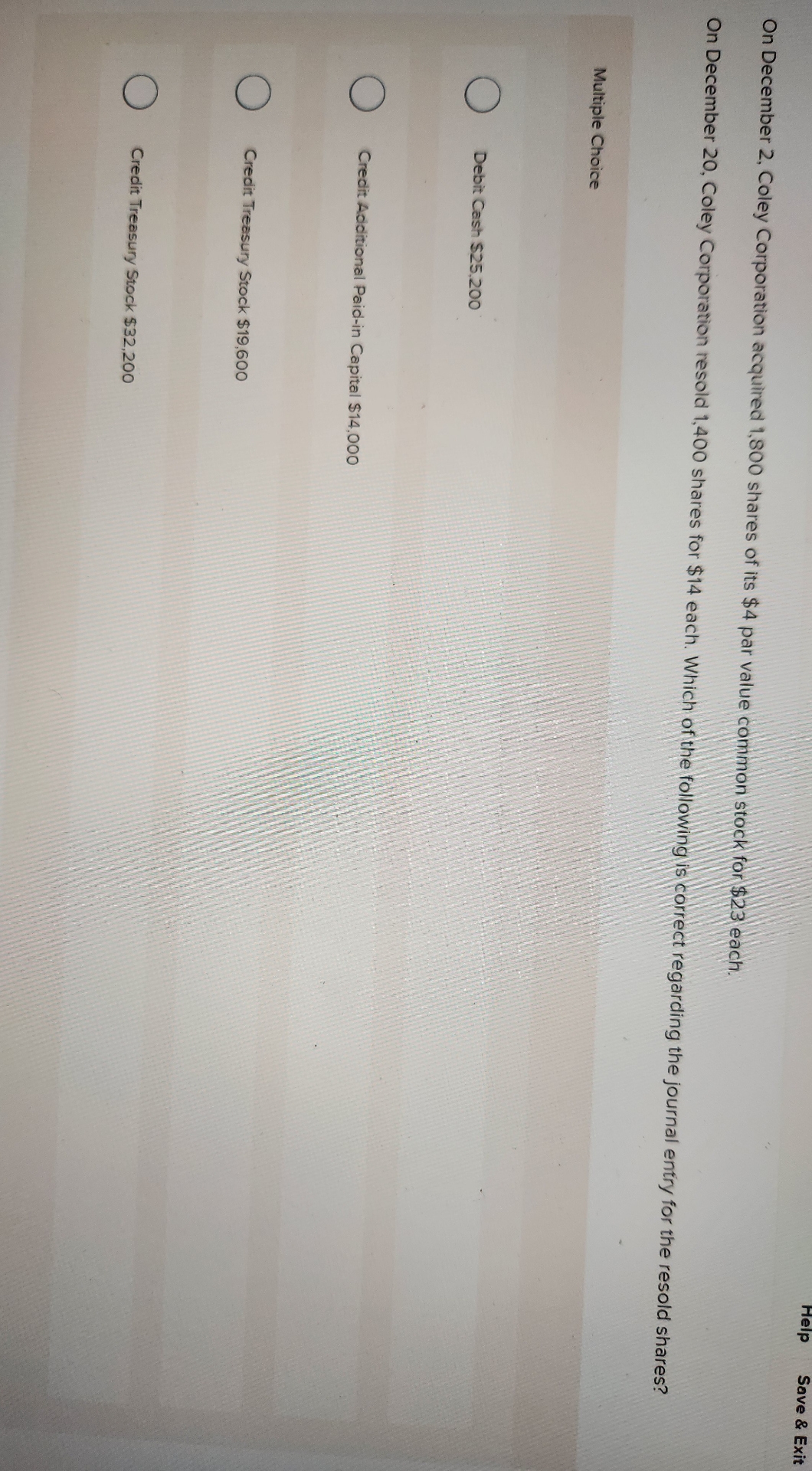  Help Save & Exit On December 2, Coley Corporation acquired 1,800