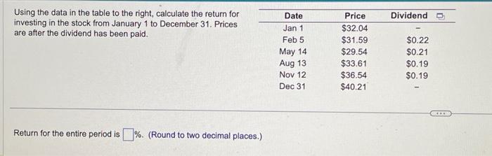  Using the data in the table to the right, calculate the